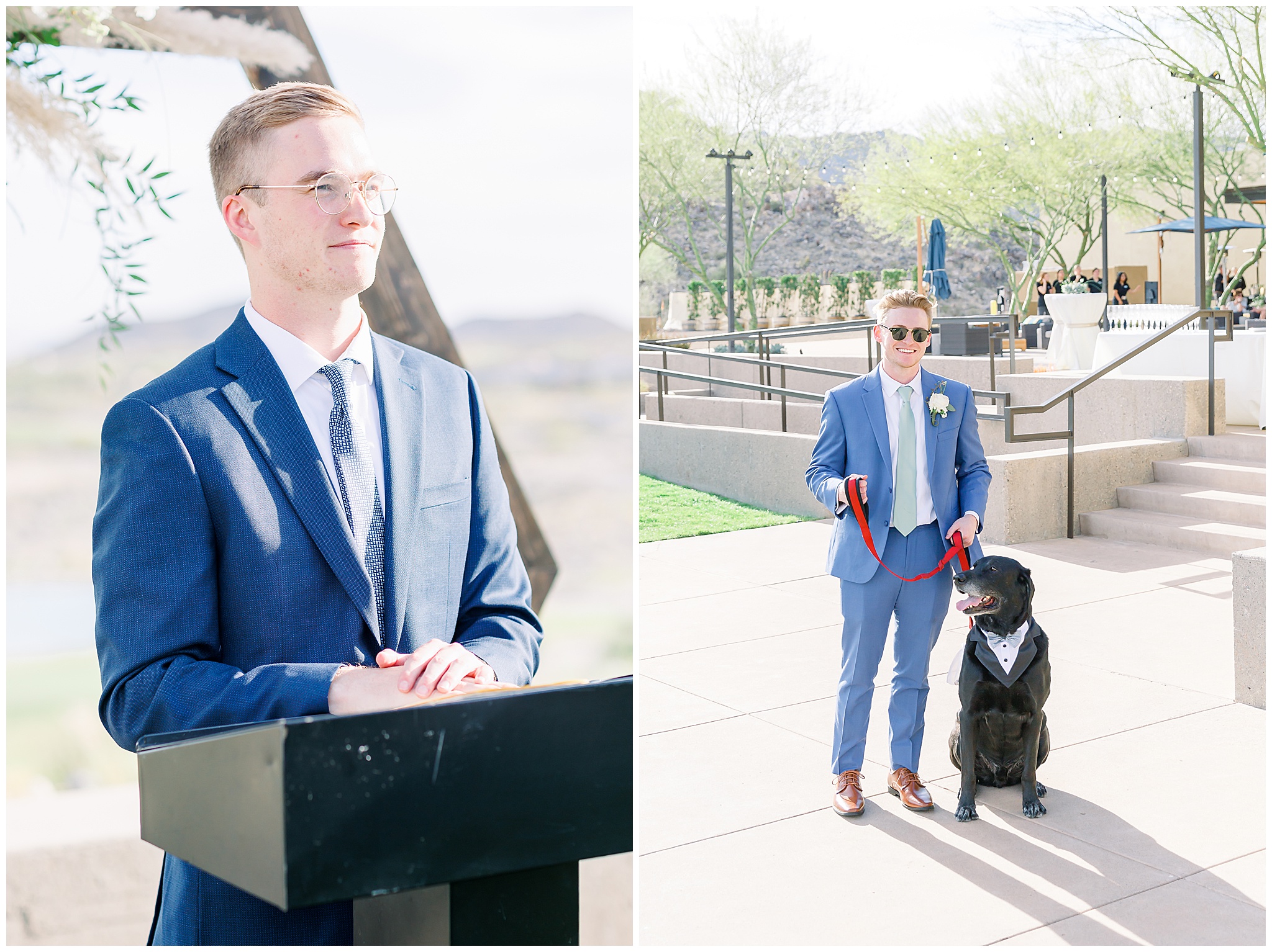 Officiant at Pulpit, Groomsman with Dog