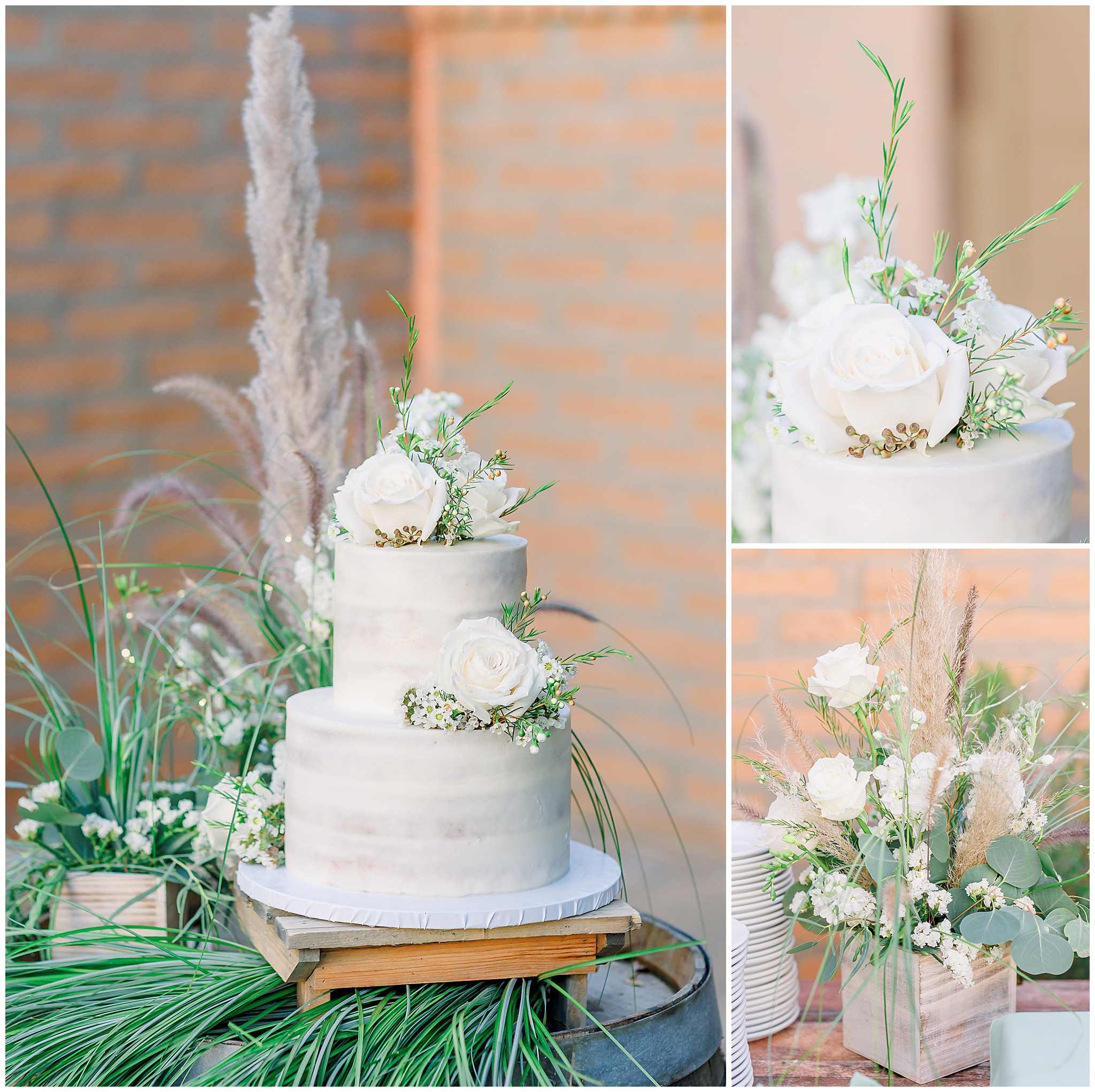 White Wedding Cake with Roses, Pompous grass, Greenery