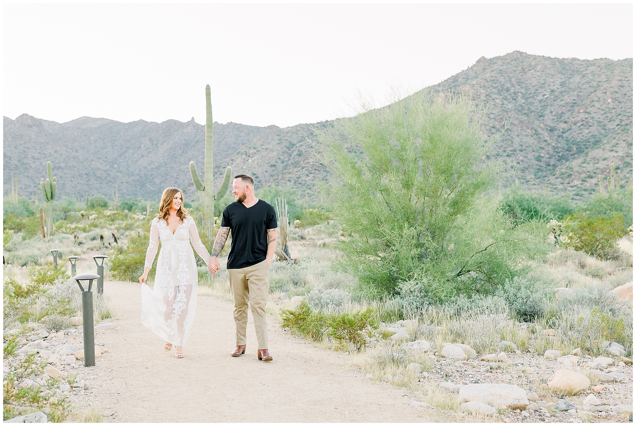 desert engagement session, couple posing in desert, white maxi dress