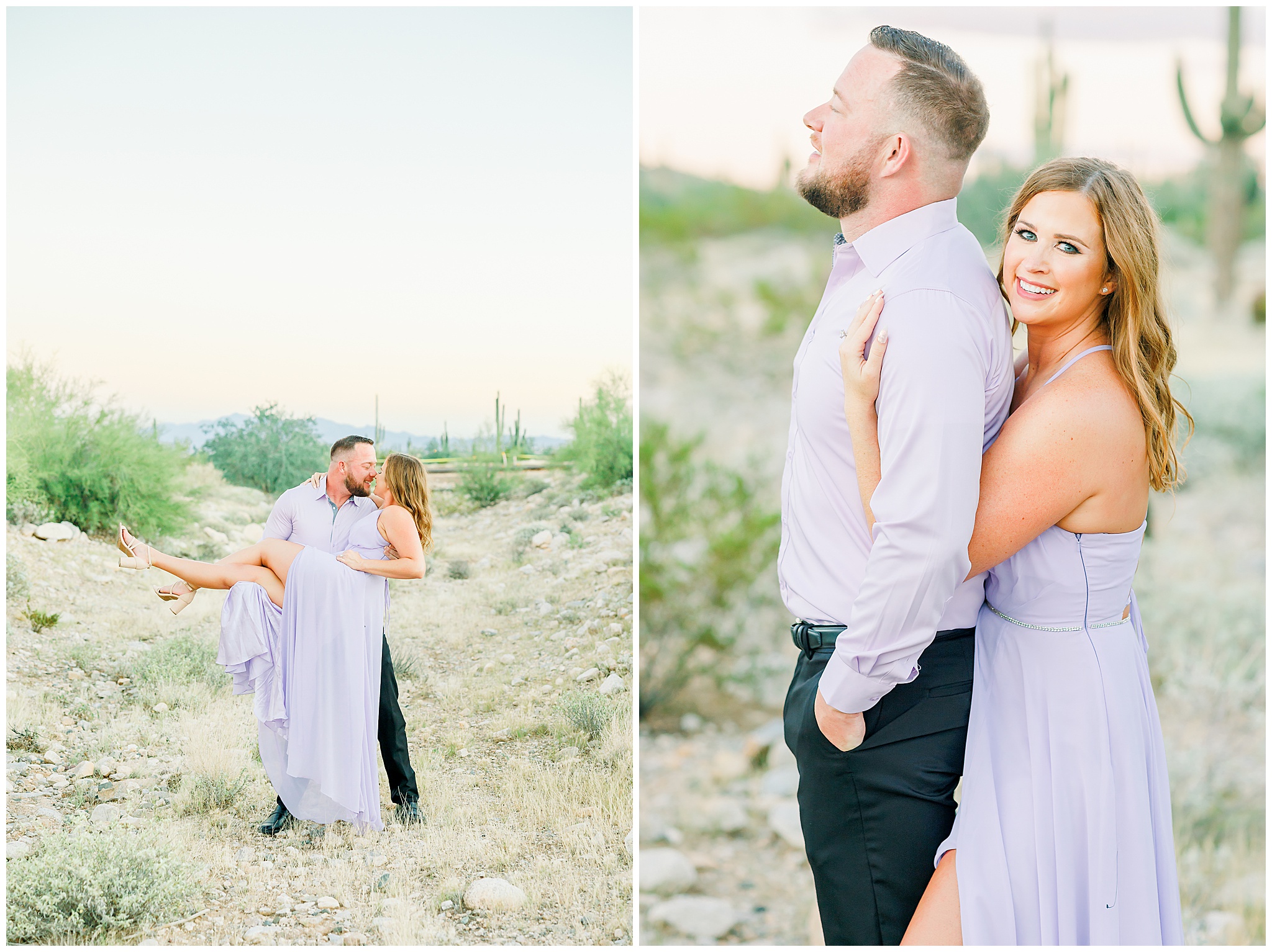desert engagement session, couple posing in desert, light purple maxi dress