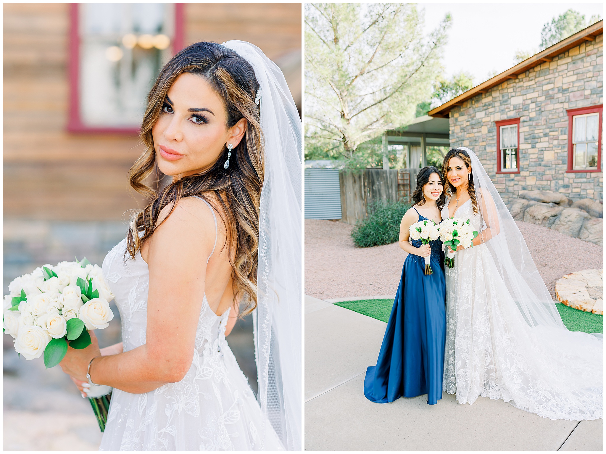 Bride in wedding gown, Blue bridesmaid dress