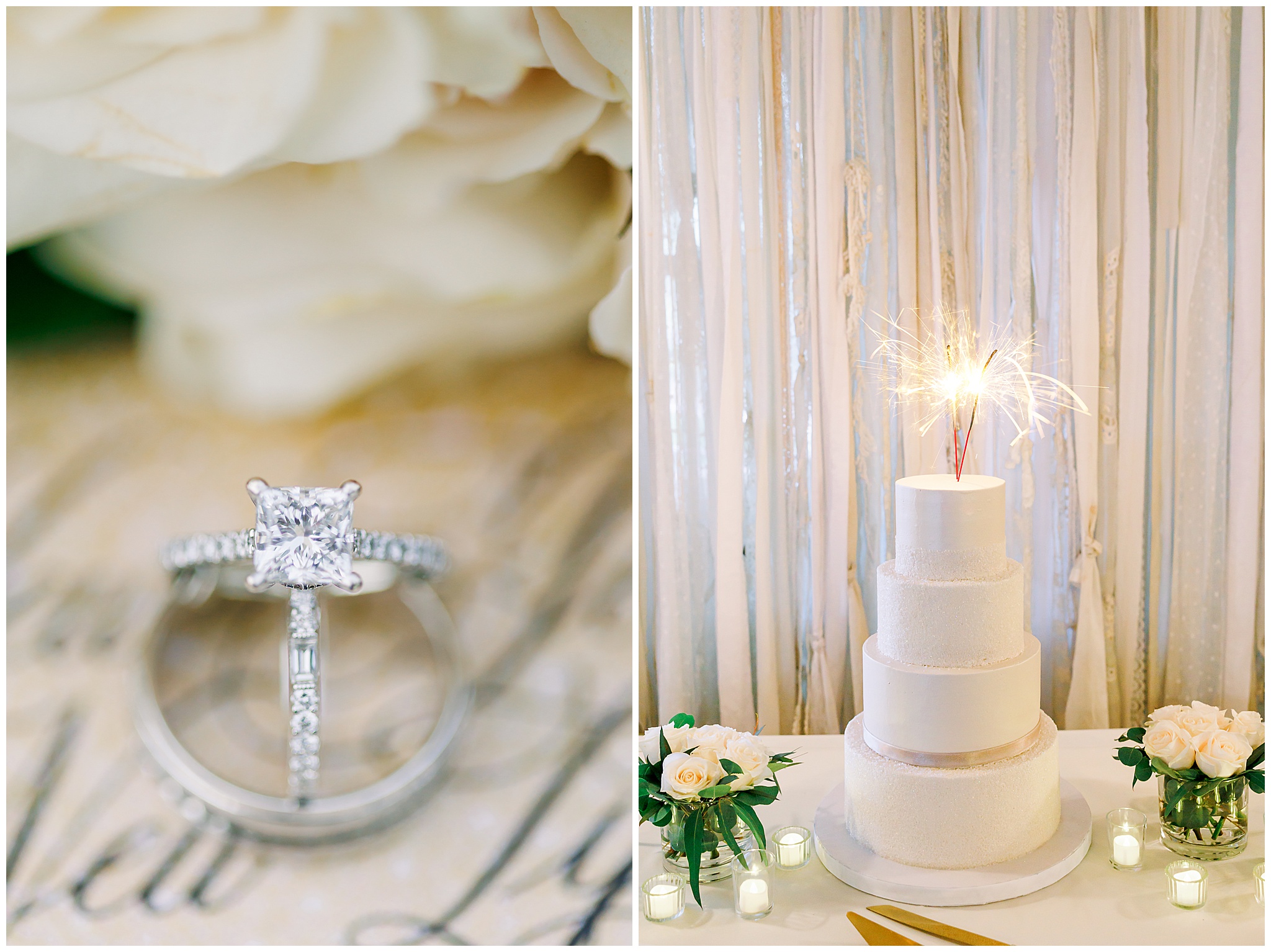 Wedding Rings stacked, Wedding Cake with sparkler as cake topper
