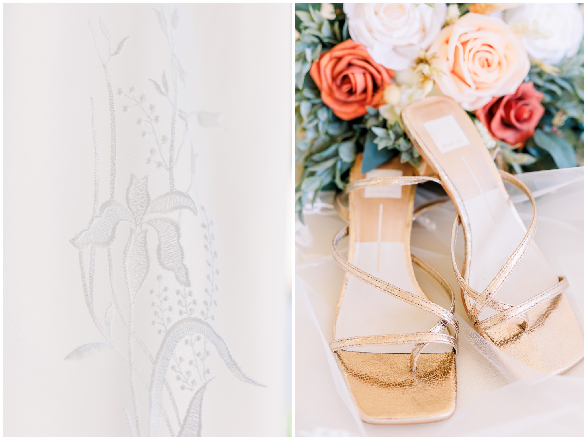 white wedding lace, gold dress heels, terracotta flowers