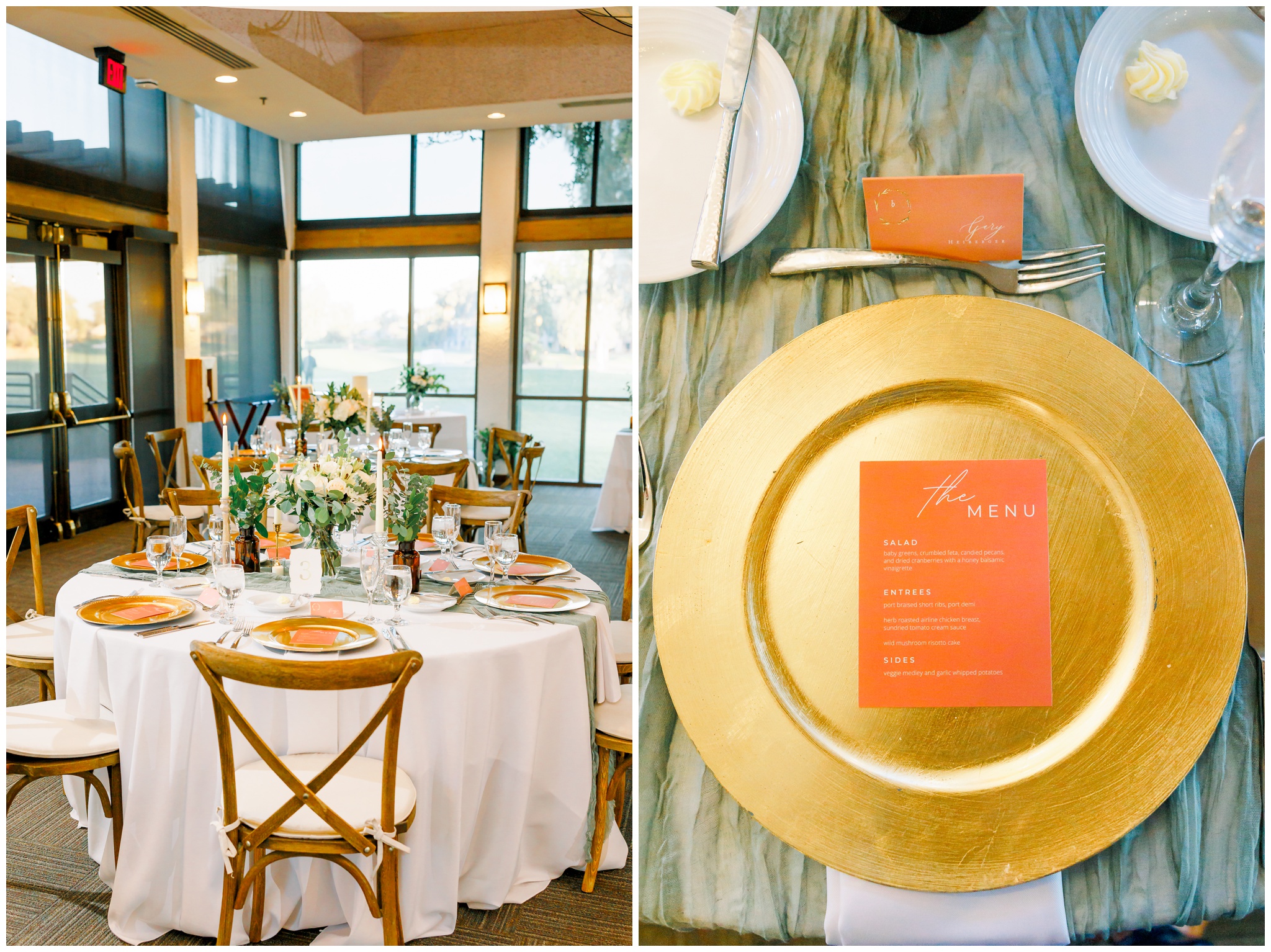 Gainey ranch reception decor, sage table runner, gold charger, terracotta place card