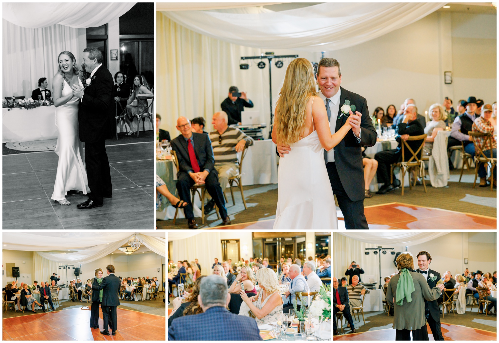 father of the bride and mother of the groom dancing at Gainey ranch