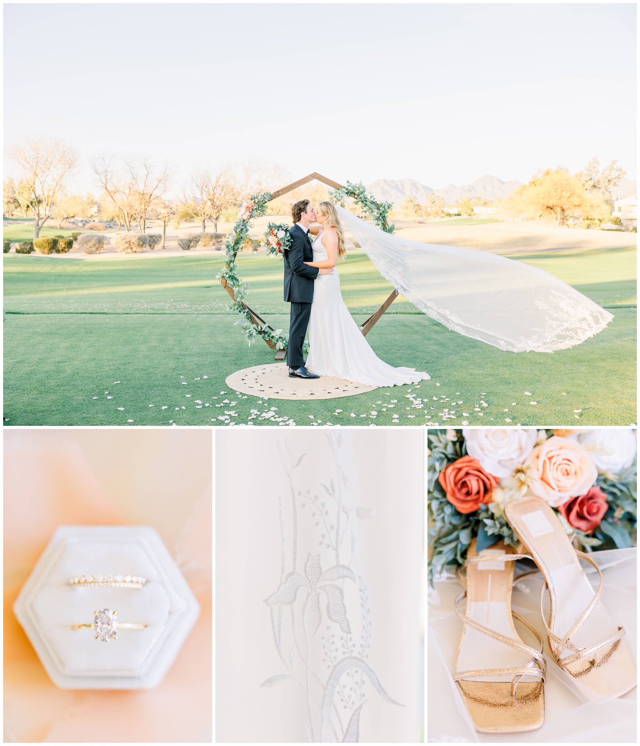 Bride and Groom Kissing at Gainey Ranch Ceremony Site, Wedding View, Bridal Shoes, Gold Wedding Band and Engagement Ring