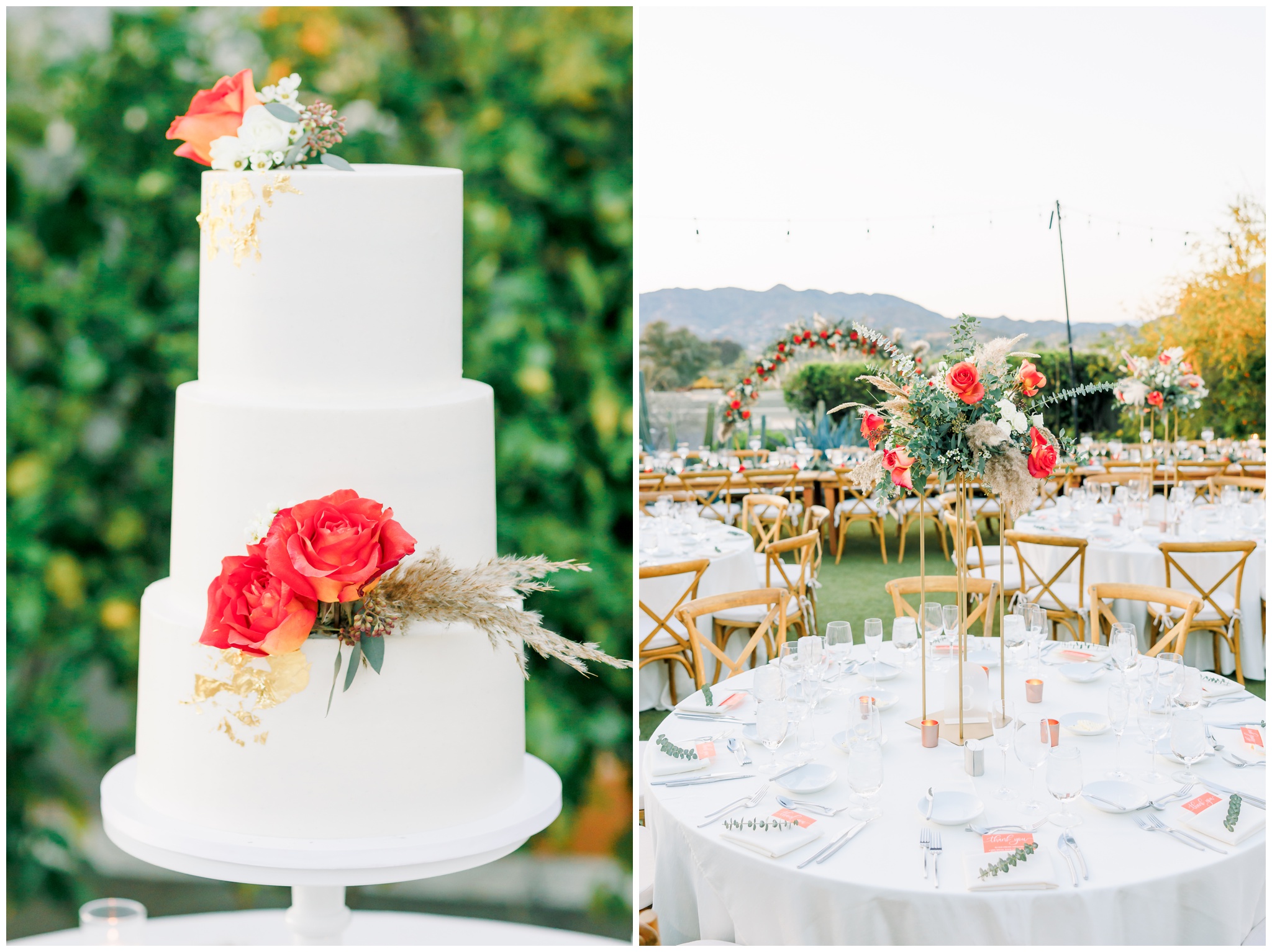 white wedding cake with gold specks and terracotta florals.