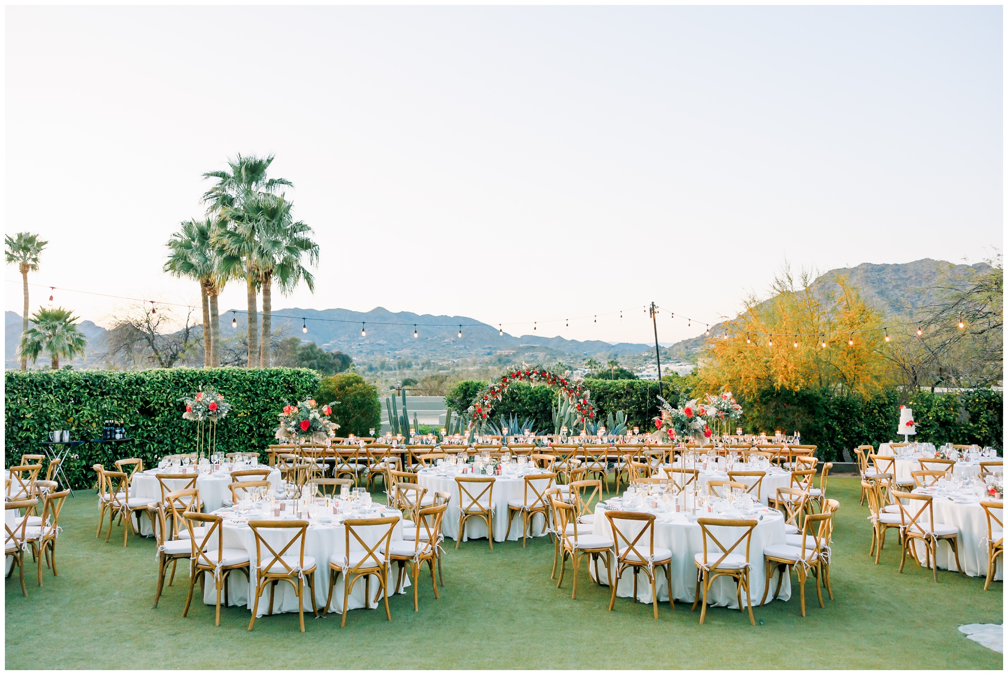 Reception decor set upon the lawn at Sanctuary at Camelback