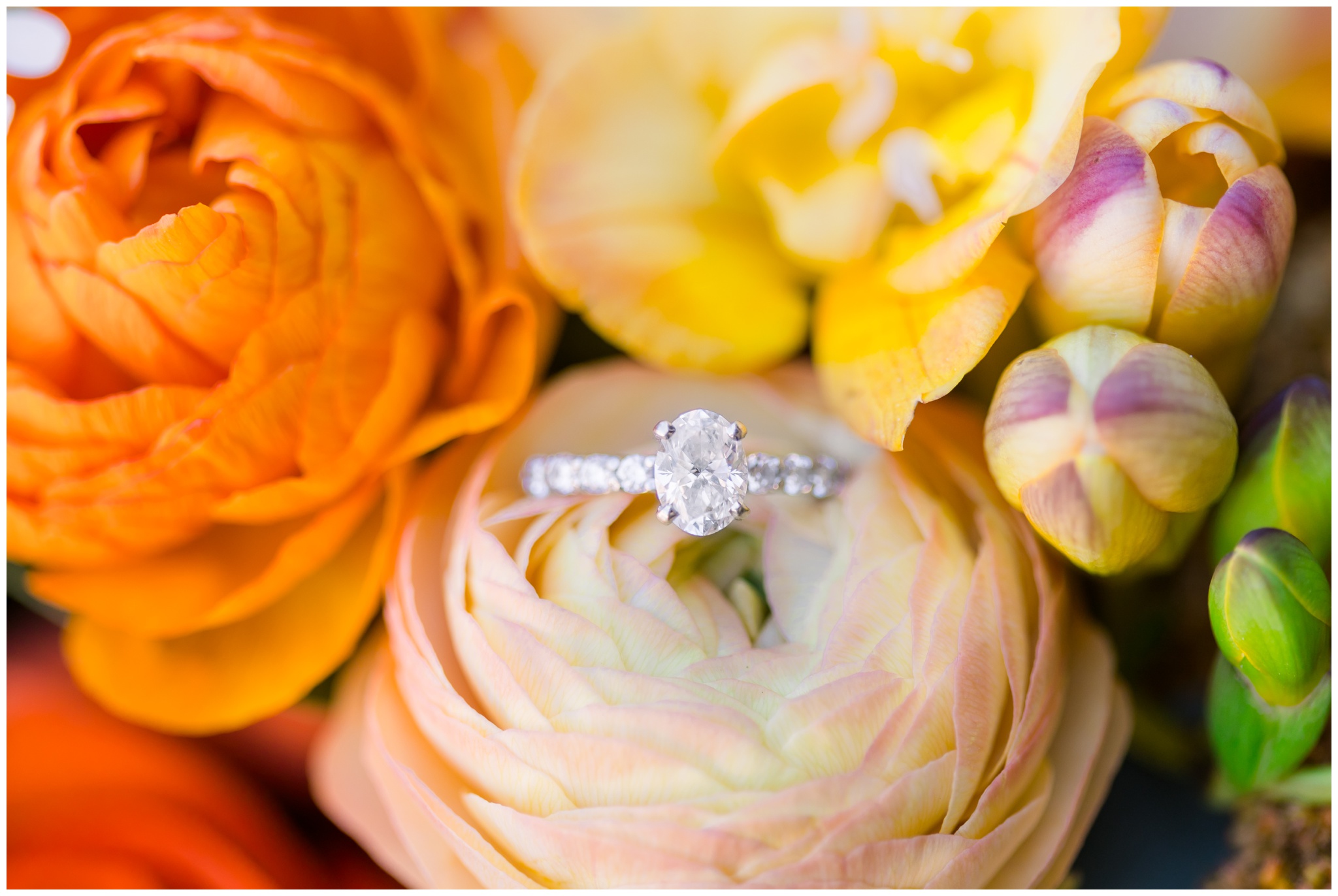 engagement ring on blush floral with orange and yellow flowers around it