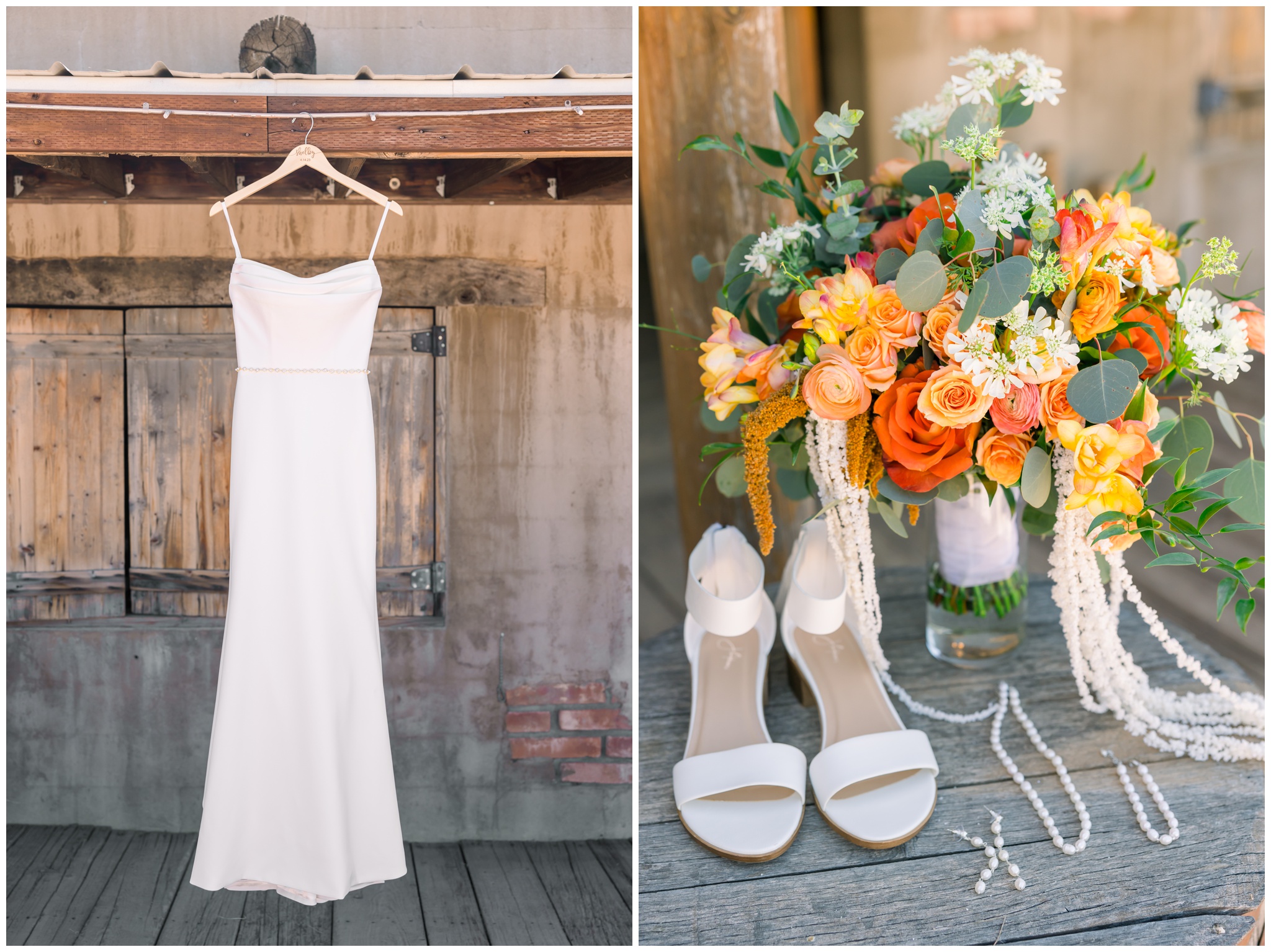 Hanging wedding dress, shoes, wedding bouquet and pearls