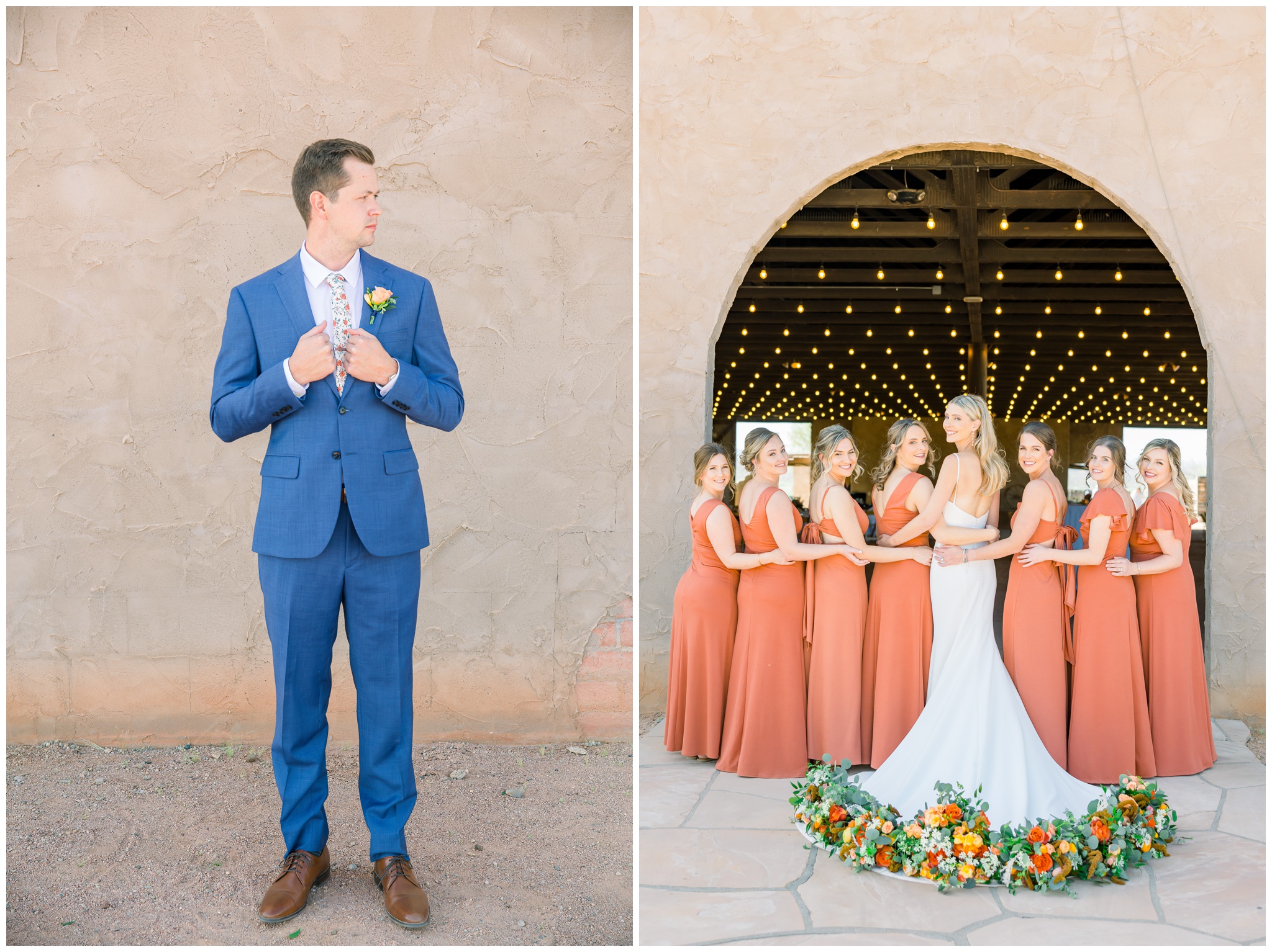 Groom portrait in navy suit, bridesmaids and bride with florals on brides train