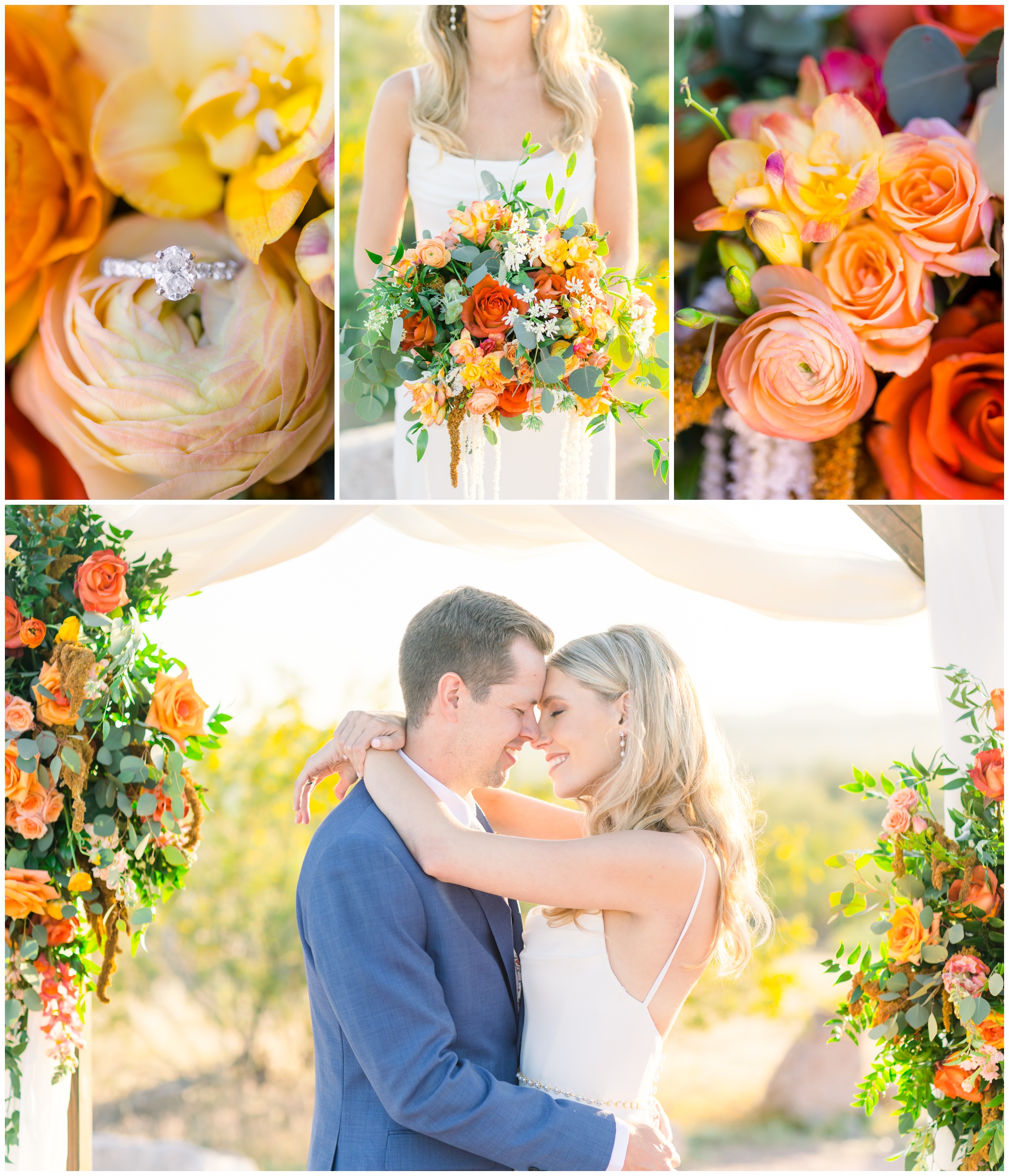 Engagement Ring on Blush floral, Bride holding colorful bouquet, Bride and Groom smiling, pink, blush, red and orange florals