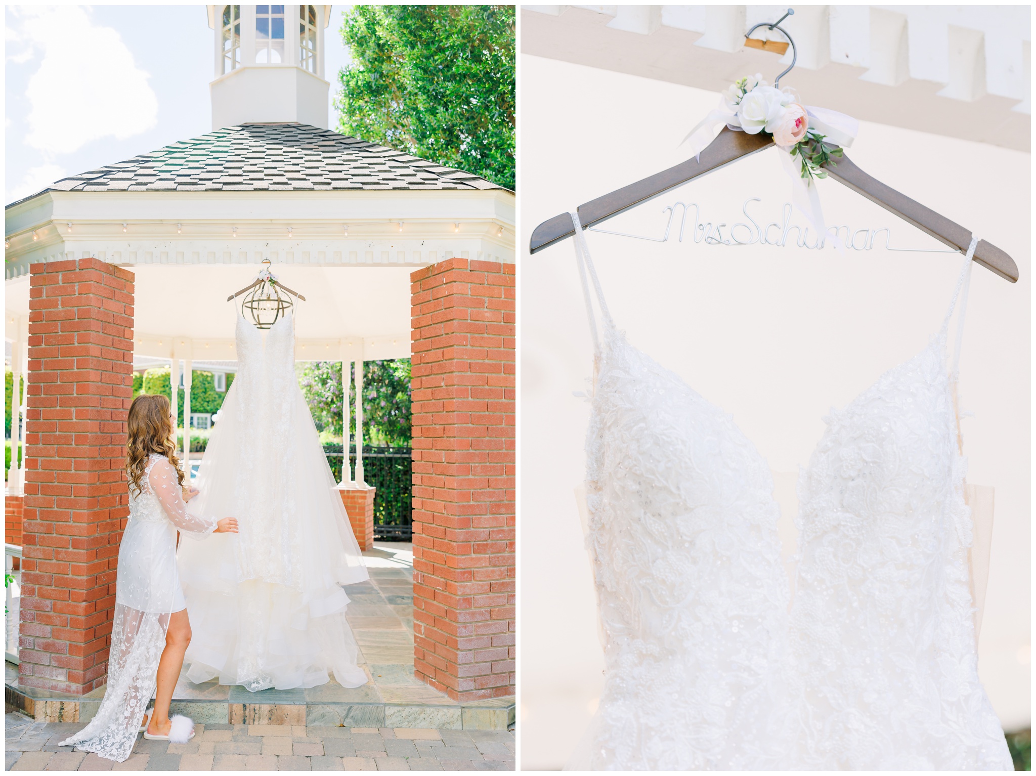 Bride with bridal gown hanging