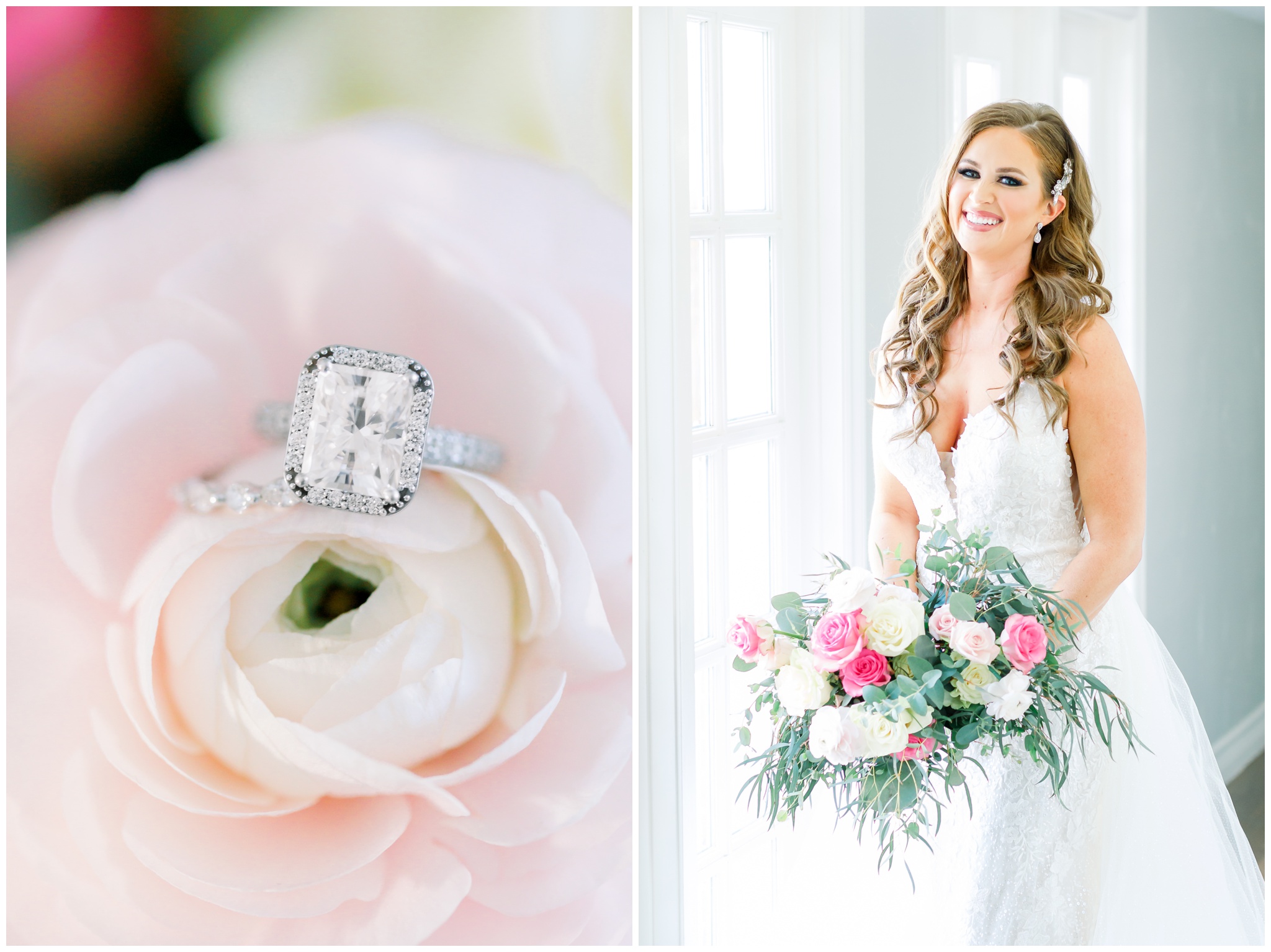Bridal portrait, pink floral, engagement ring