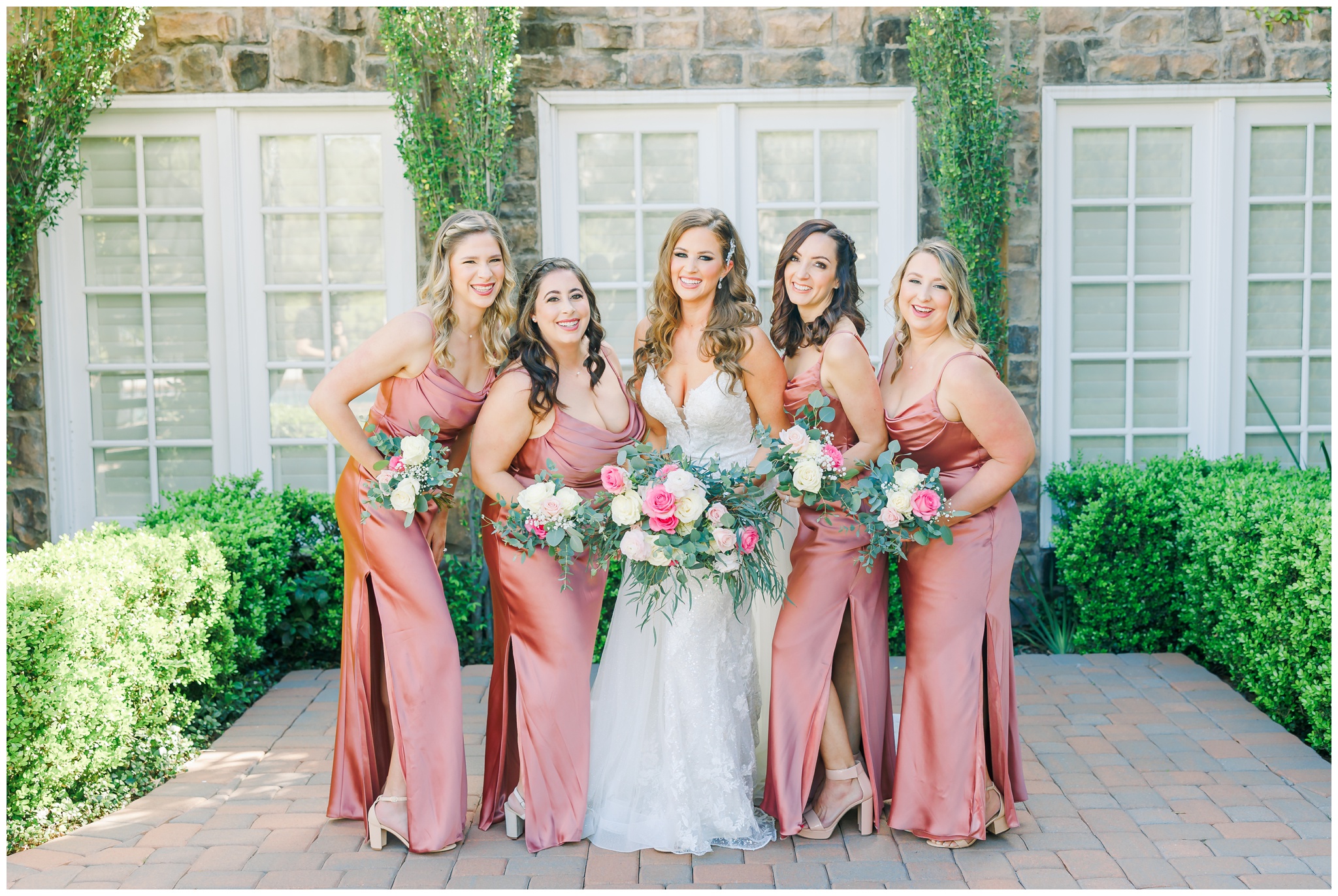 blush bridesmaids dresses, bridal party grouped