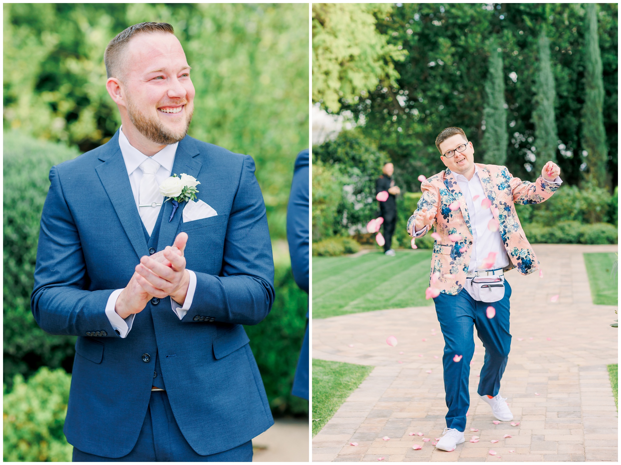 Groom clapping, bridesman tossing flowers down aisle