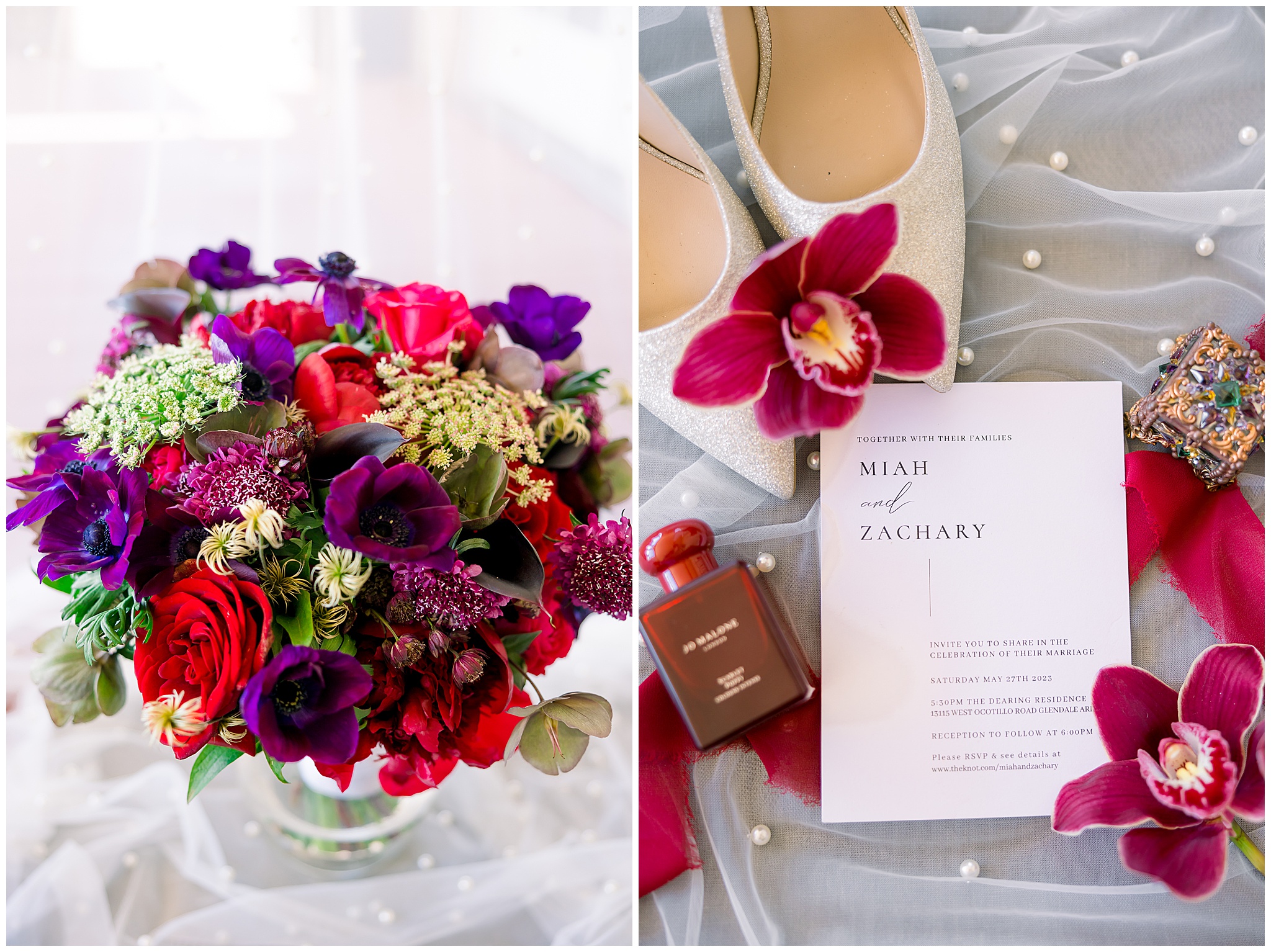 pink, red, purple bouquet, wedding invitation