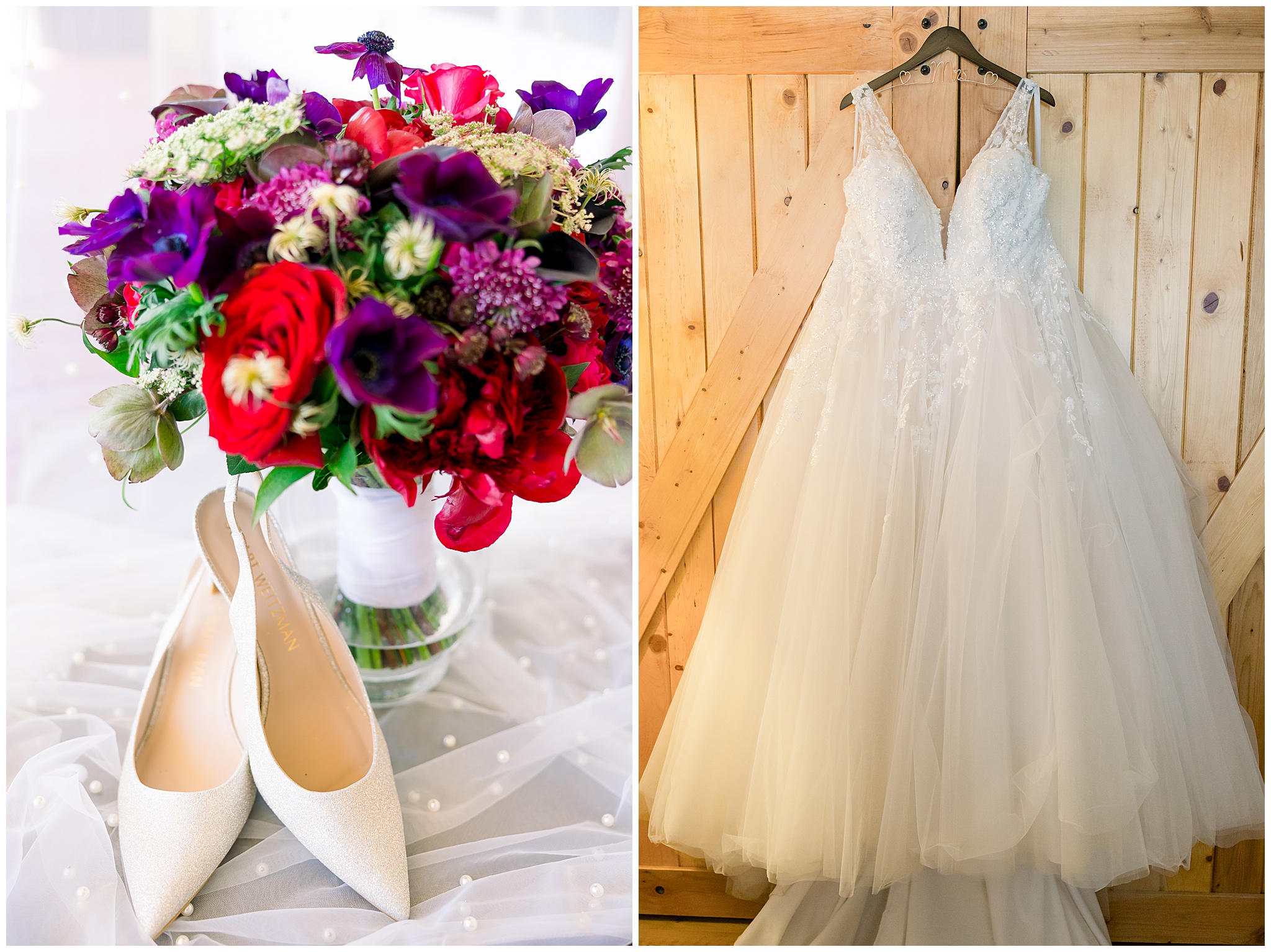 pink, red, purple bouquet, wedding dress hanging, wedding shoes
