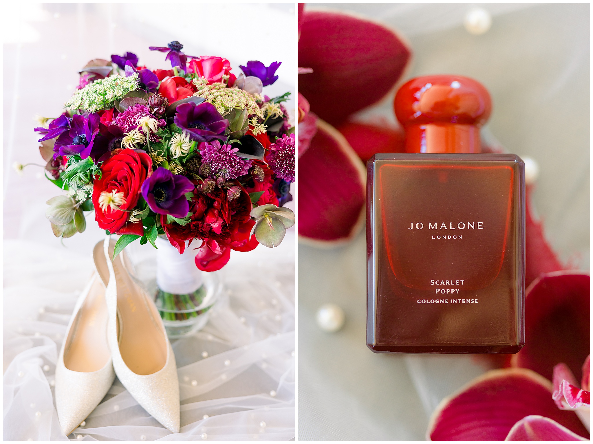 pink, red, purple bouquet, wedding invitation, red bottle perfume