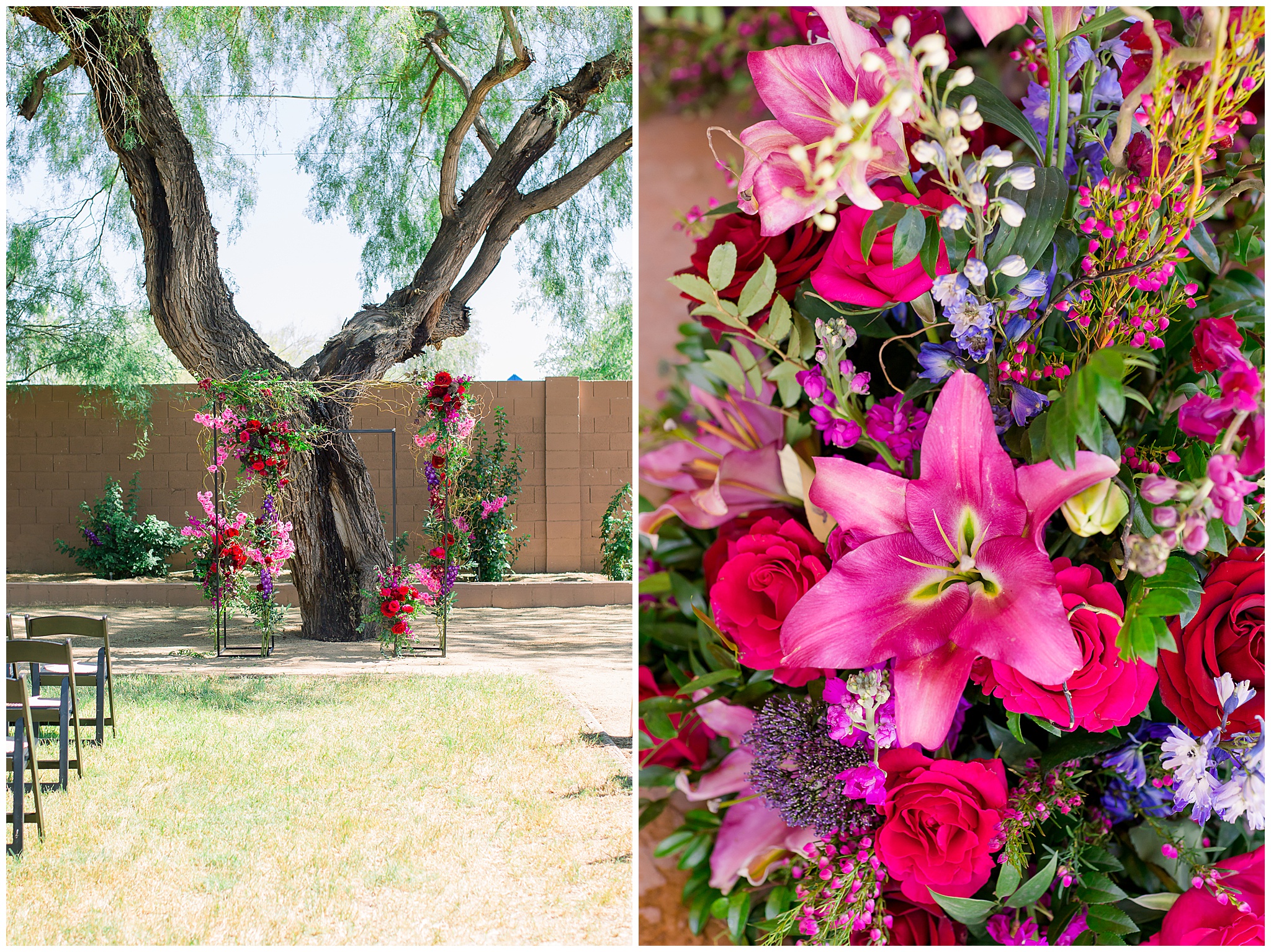 pink, purple, red florals with greenery, wedding ceremony