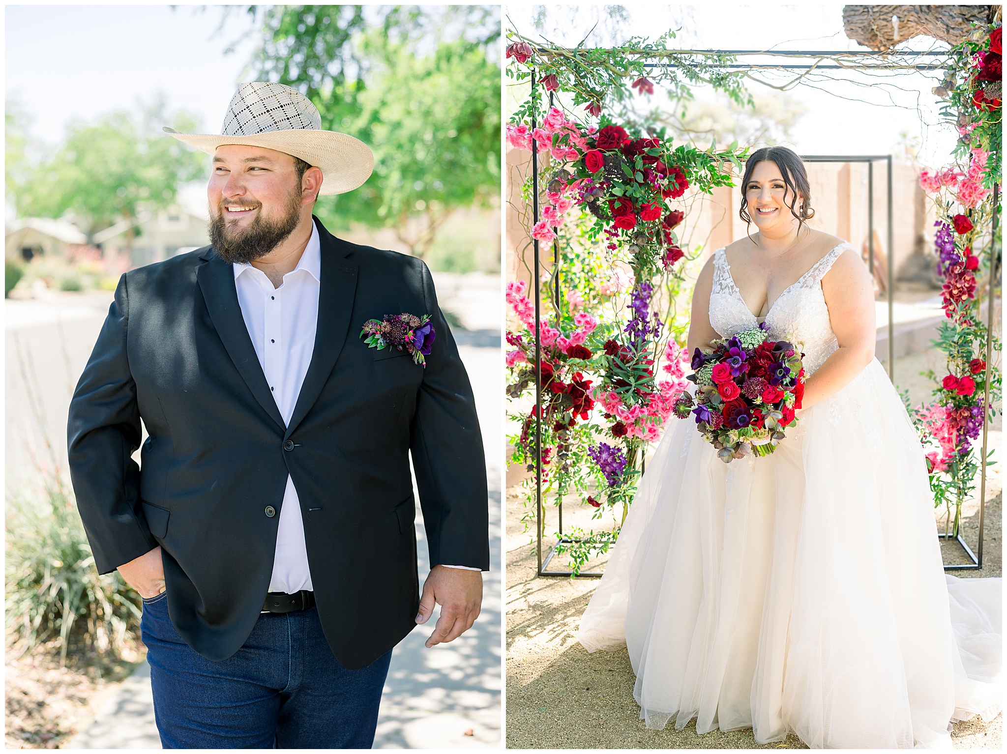 Groom in cowboy hat, bride with flowers