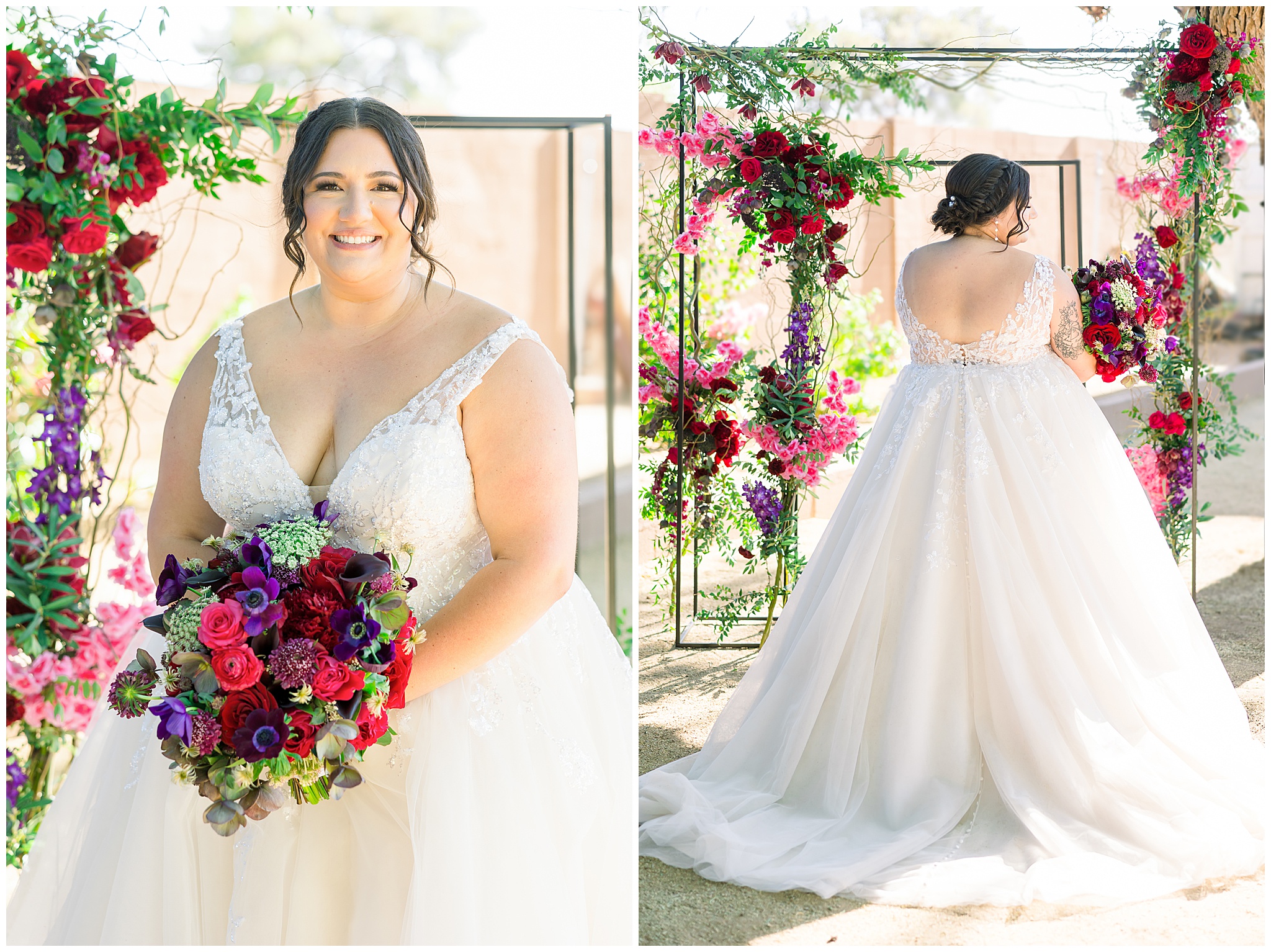 bride holding red, pink, purple bouquet
