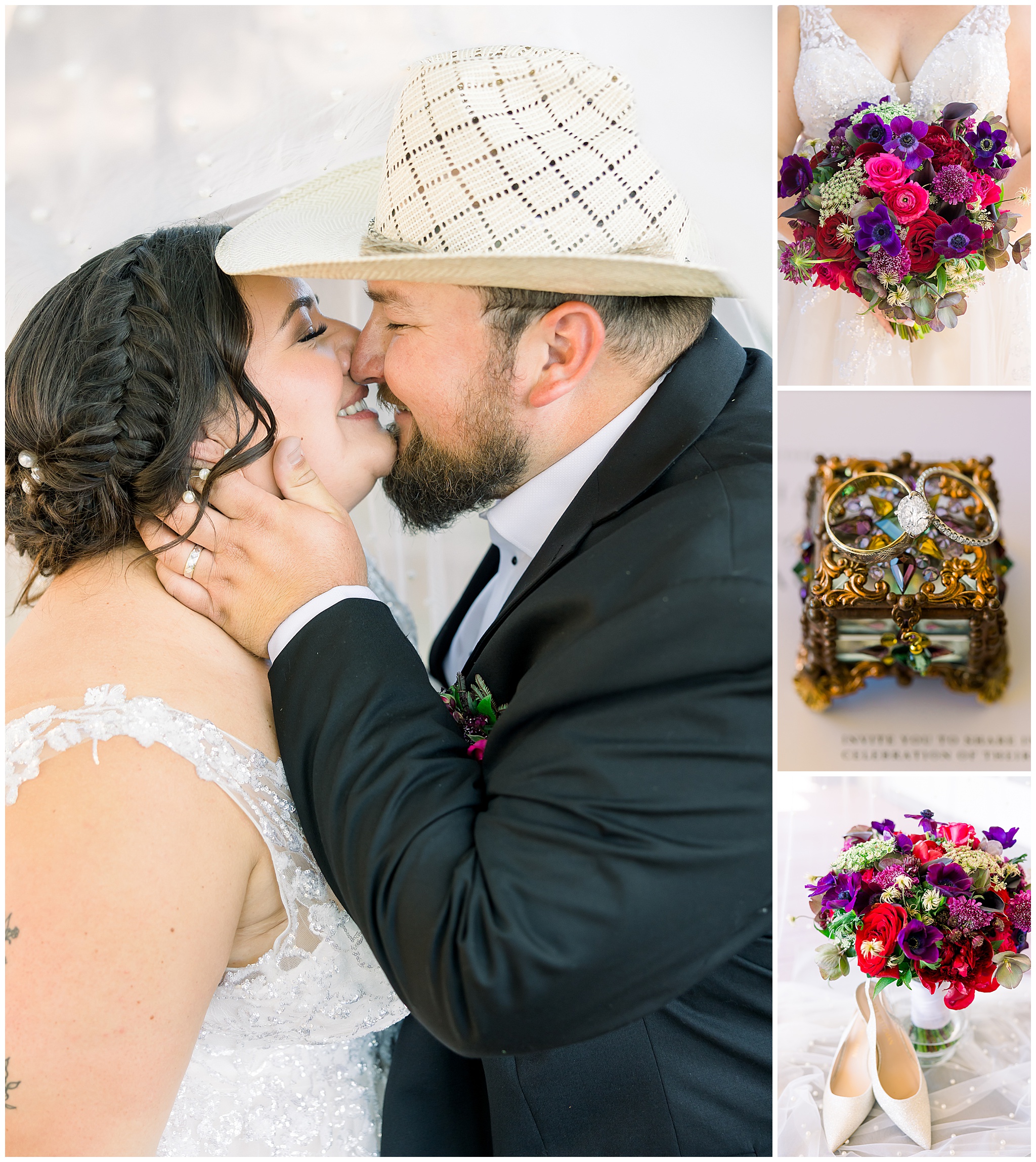Husband Kissing Wife, Burgundy, Green, Pink Bouquet, Wedding Rings