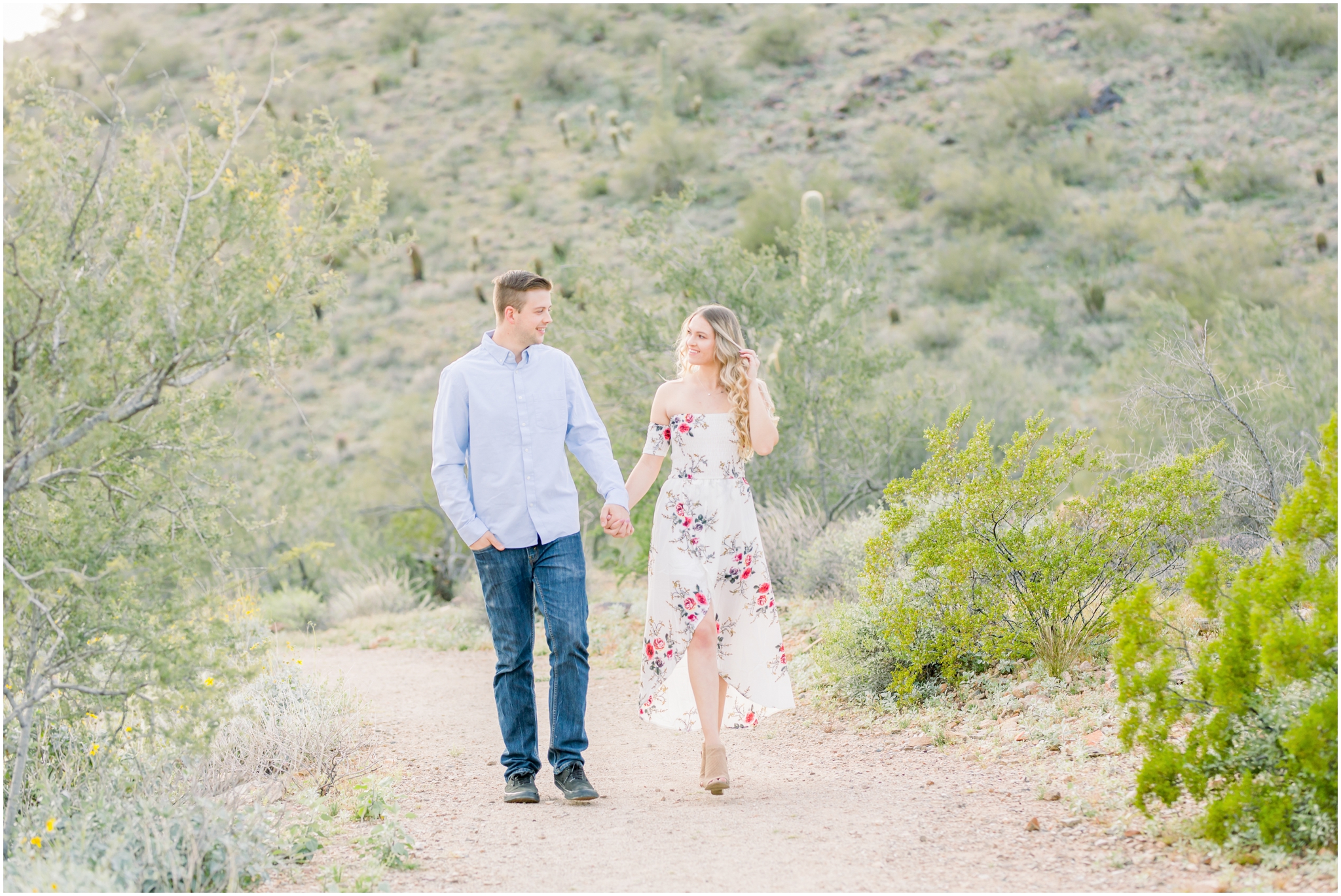 Lost Dog Trail Engagement, white floral dress, blue shirt and jeans
