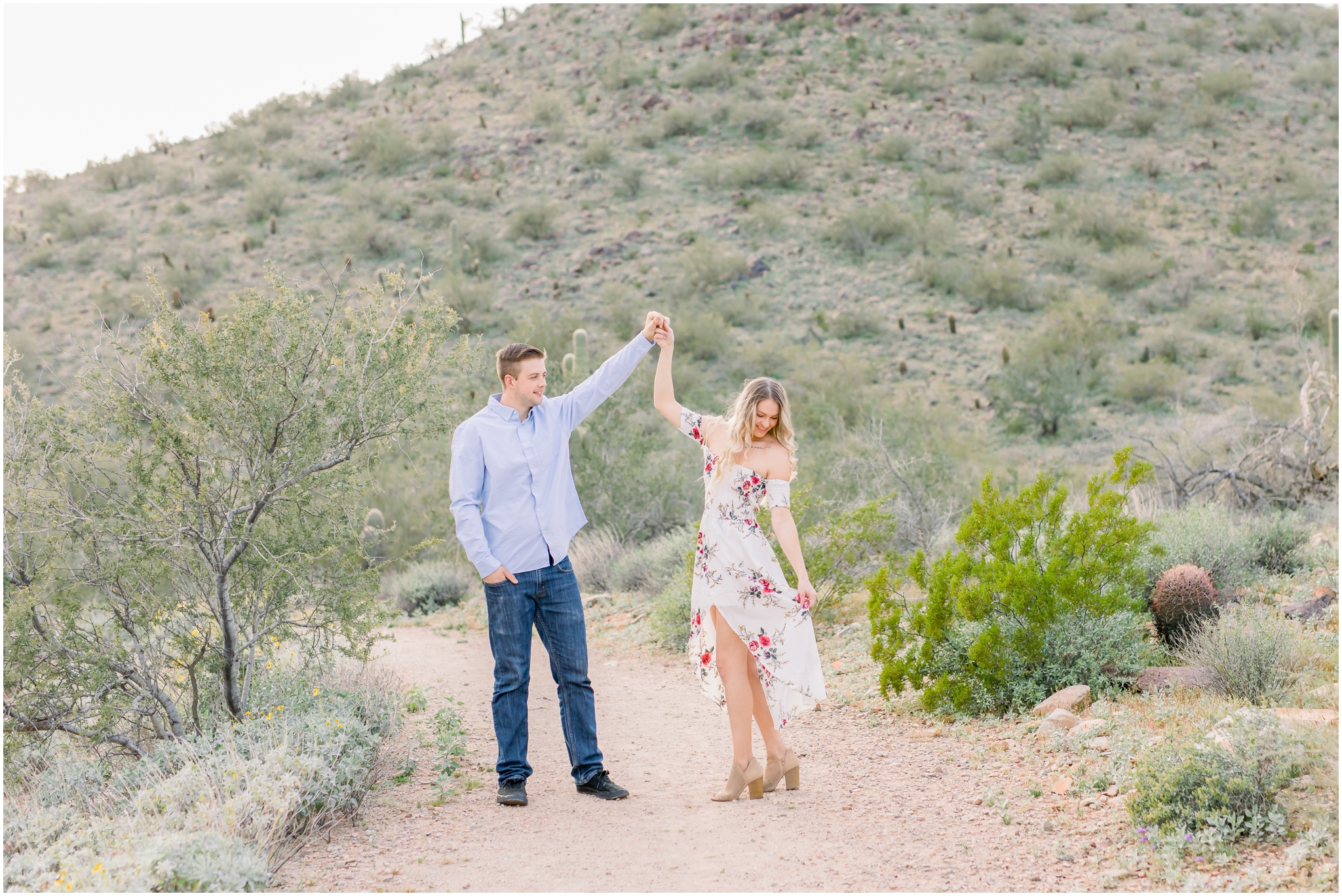 Lost Dog Trail Engagement, white floral dress, blue shirt and jeans