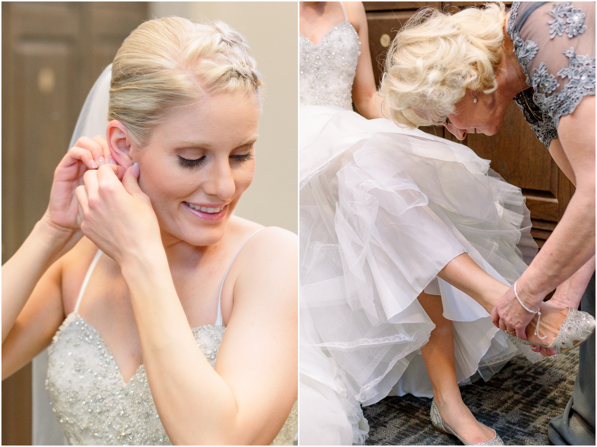 Bride putting in earrings