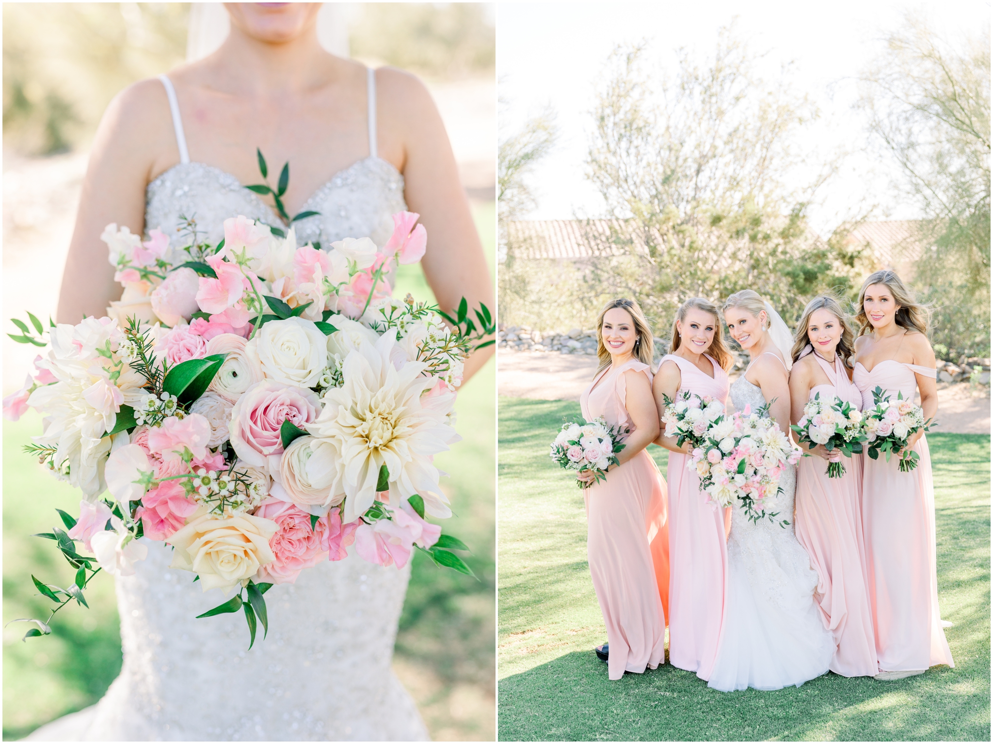Bride holding pink and white bouquet, blush bridesmaid dresses