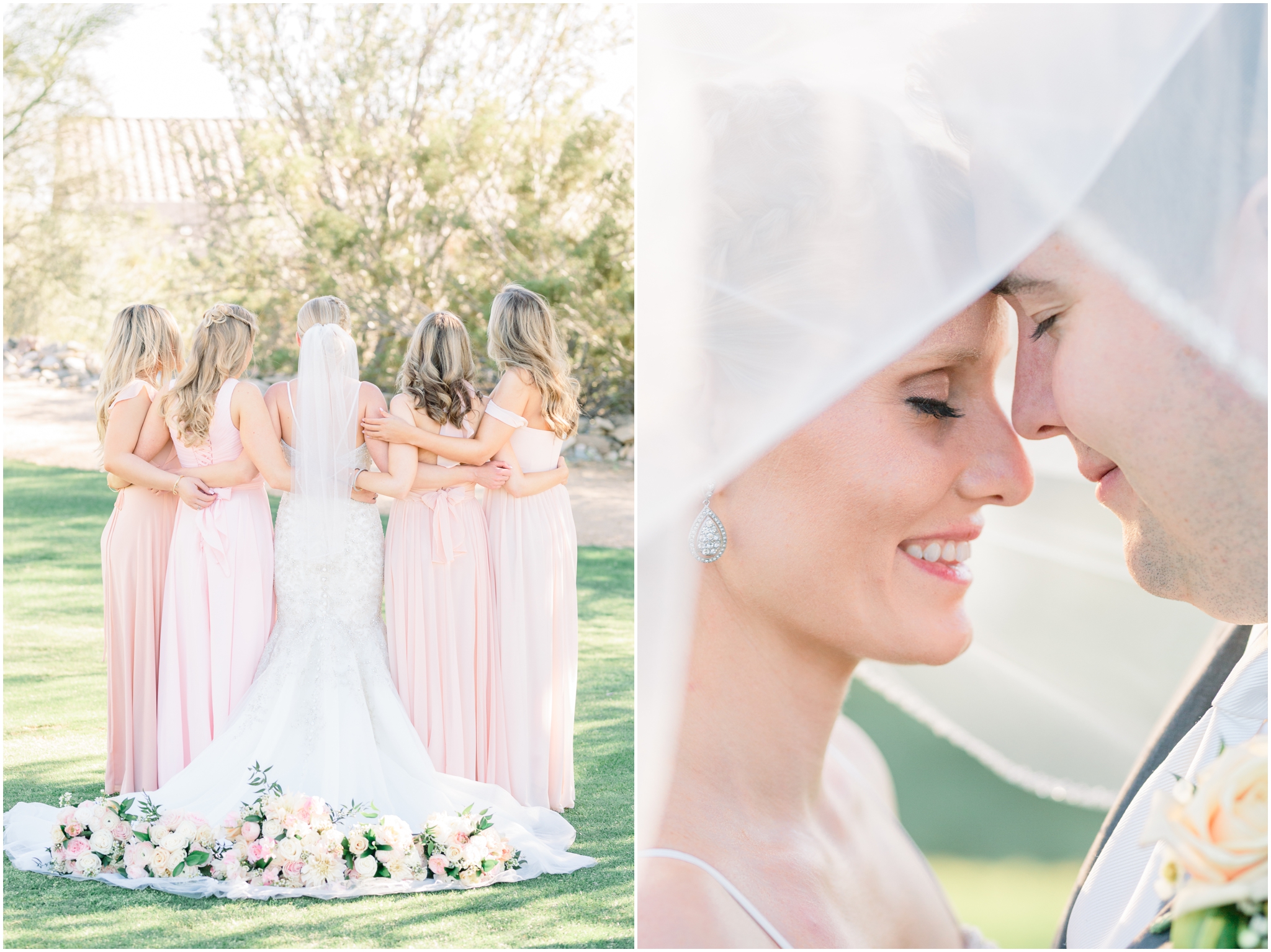 blush bridesmaid dresses, bride and groom under veil