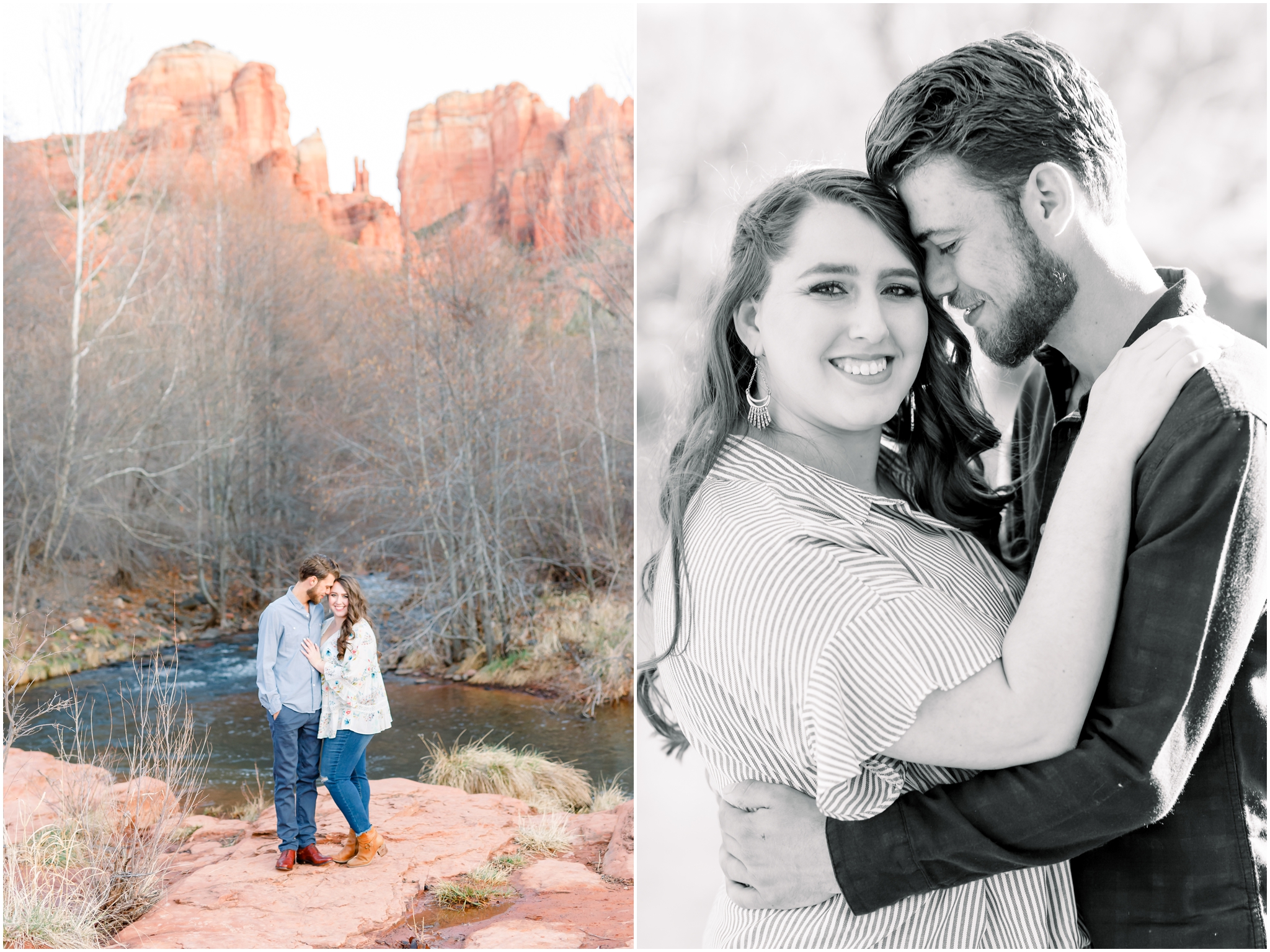 Crescent Moon Ranch engagement, couple standing by creek