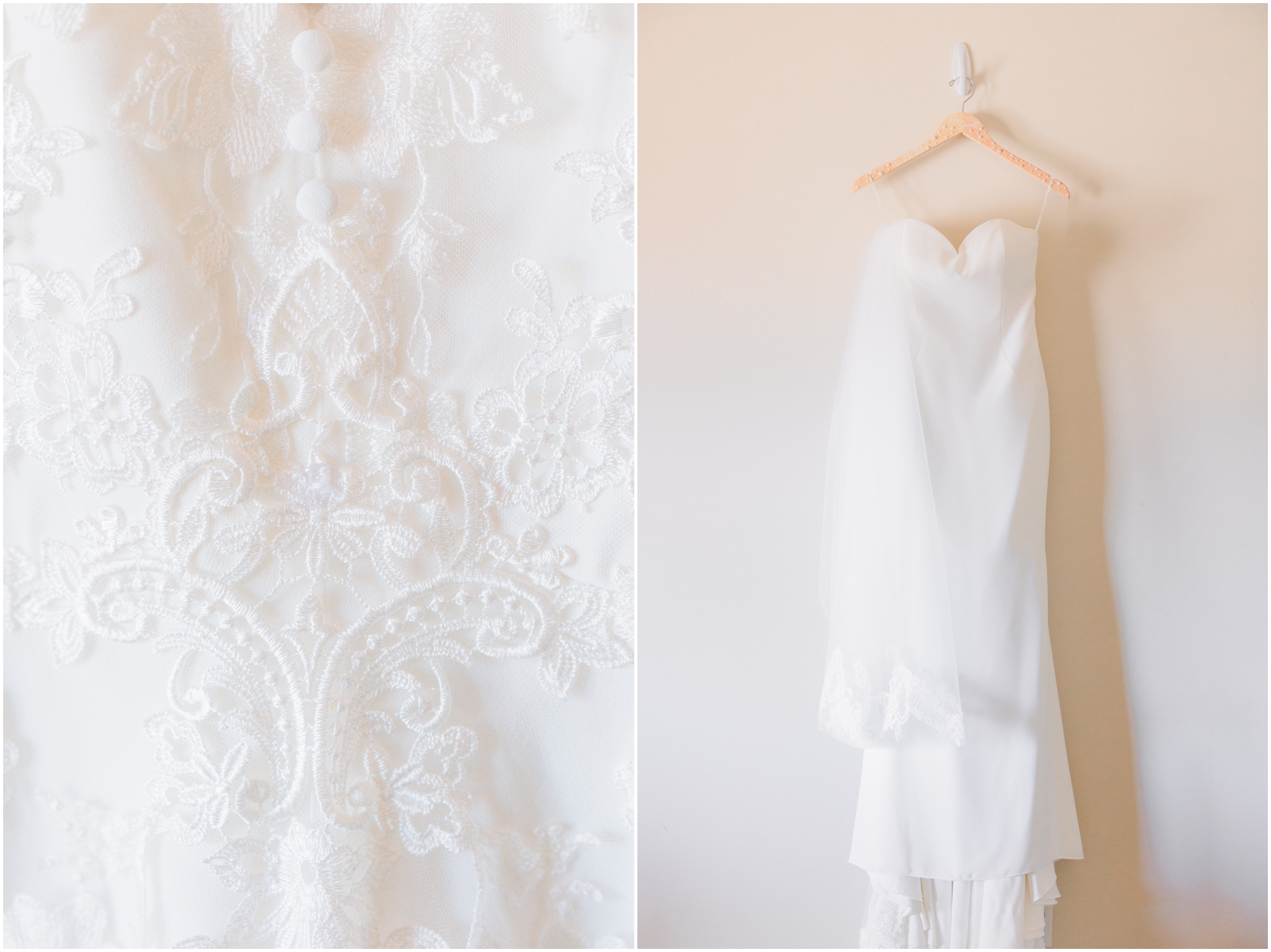 Bridal Gown hanging on wall, lace